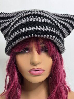 Handmade Crochet Cat Ear Beanie, Striped Acrylic Kitty Hat Black Gray
